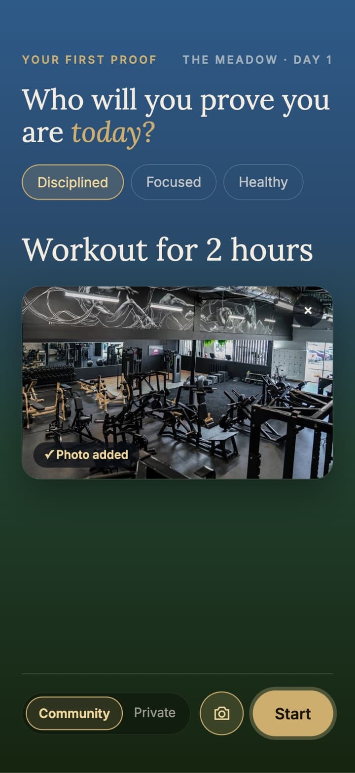 Writing your first proof: Workout for 2 hours, tagged Disciplined, with a gym photo added