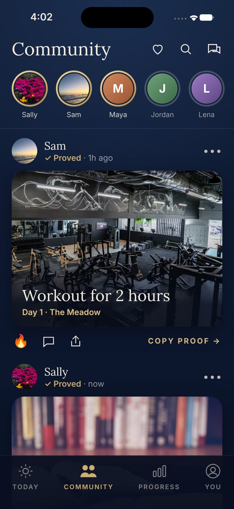 The community feed with friends' proofs of the day