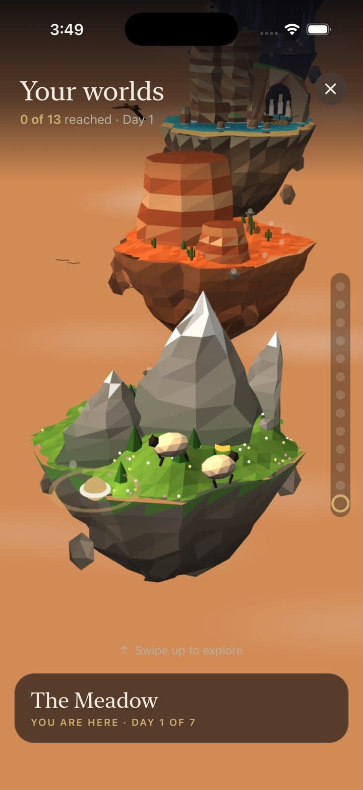 Your worlds: floating islands, The Meadow, you are here, day 1 of 7